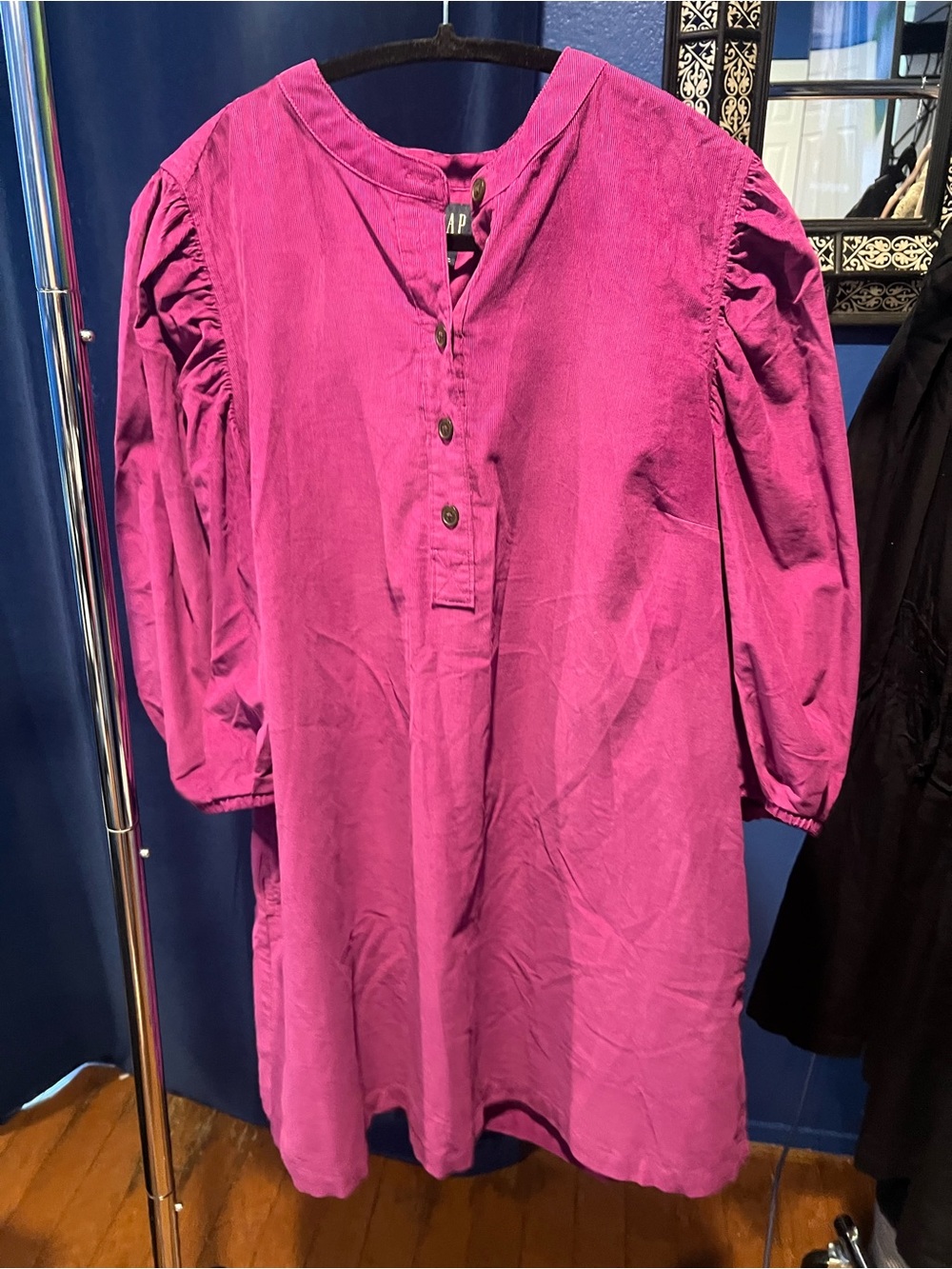 GAP Fuchsia Button-Front Puff-Sleeve tunic dress